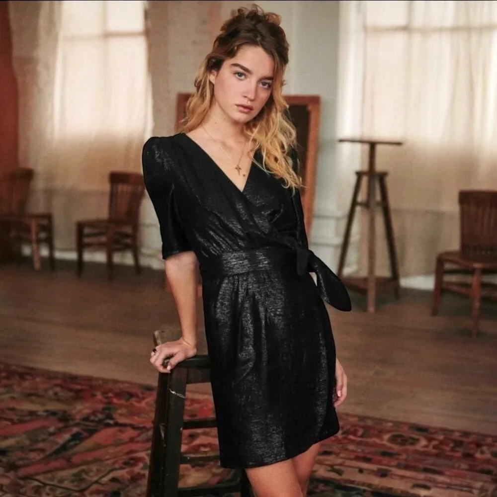 Sezane Doha Black Metallic V Neck Draped Pleated Wrap Mini Dress 4 Evening Party Sezane Doha Black Metallic V Neck Draped Pleated Wrap Mini Dress 4 Evening Party